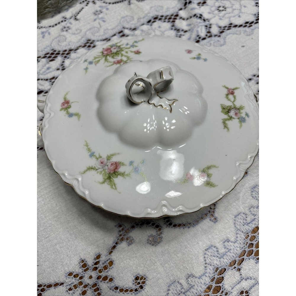 Vintage R.S.A.G. Bavaria Porcelain Covered Serving Dish Flowers Gold Trim Footed